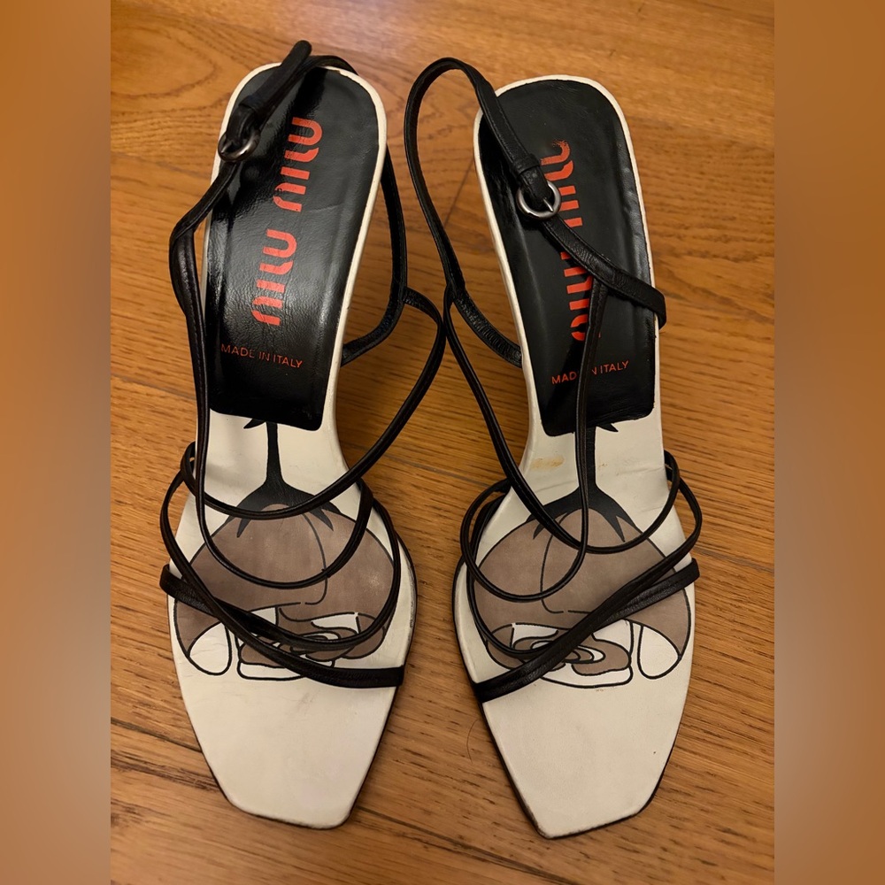 Miu Miu Black Strappy Graphic Insole Sandals